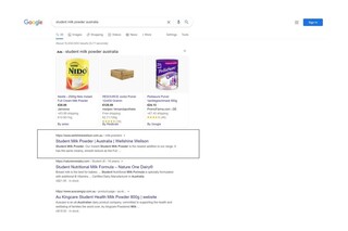 Marketing SEO results example. Google search results for student milk powder Australia. Carlo Aguinaldo SEO and Marketing